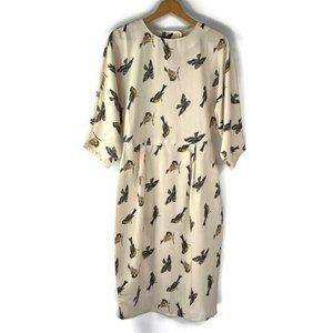 ASOS Womens Cream Sheath Dress Bird Print Round Neck Button Back 3/4 Sleeve 8